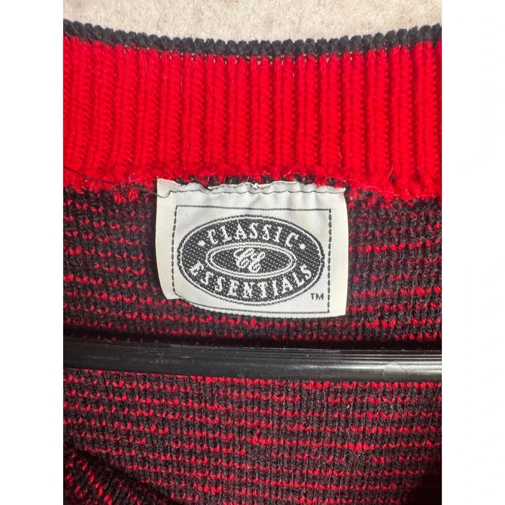 Vintage Classic Essentials Red Black Bow Floral Knit Sweater Made in USA Mens L